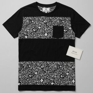 Men's Black T Shirt- White Bandana Paisley Panel Print & Pocket T Shirt Small